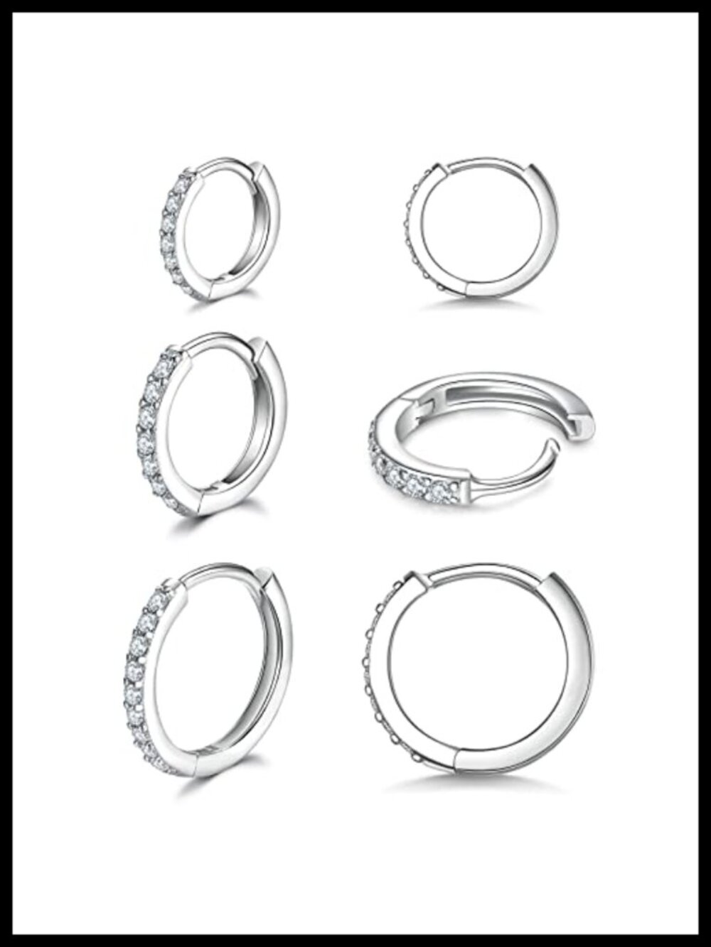 3 Pairs 925 Sterling Silver Small Hoop Earrings Cubic Zirconia Huggie